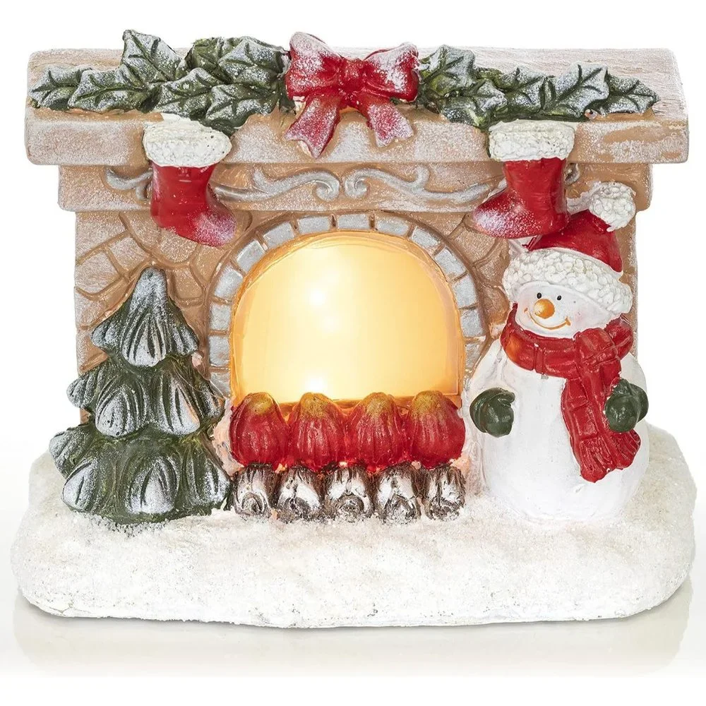 Polyester Resin Snowman Battery Powered Fireplace VP Home Christmas